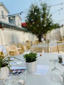 table at a wedding reception with plant decorations and wine glasses 