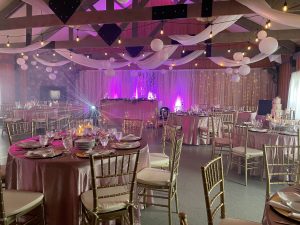 Wedding reception with colored lights and tables