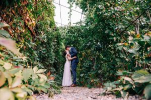 Newlyweds surrounded by vines