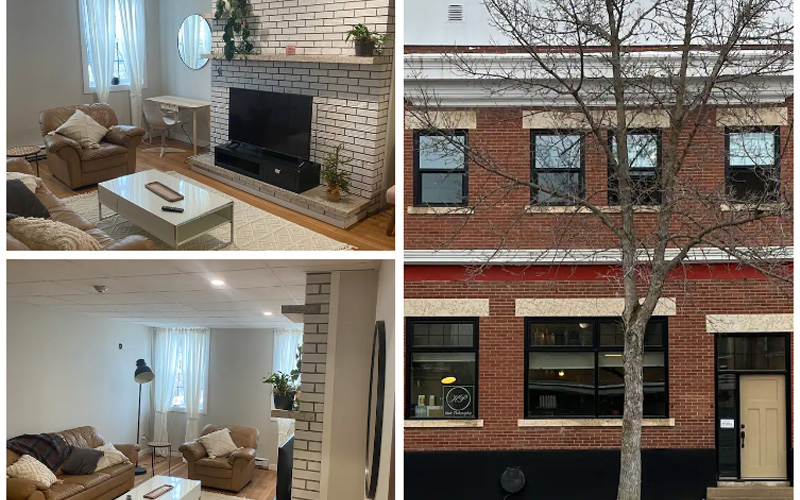 An image collage consisting of three photos, one of a brick building and two photos of the living room inside of the building. This building is the HP Guest House.
