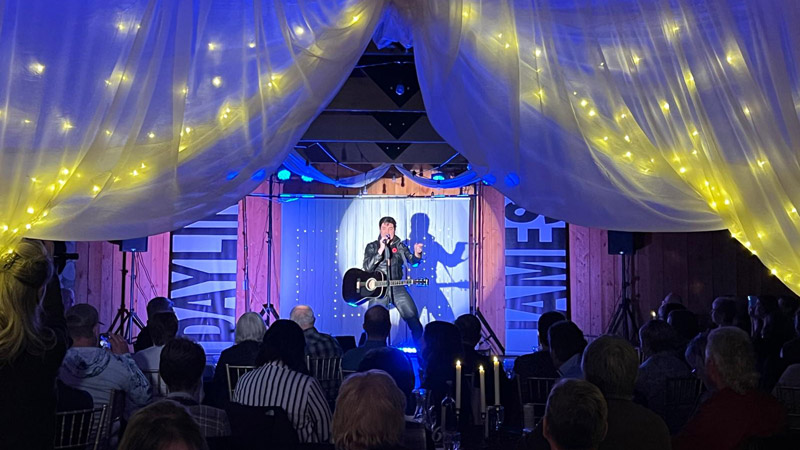 A musician on stage in front of a crowd.