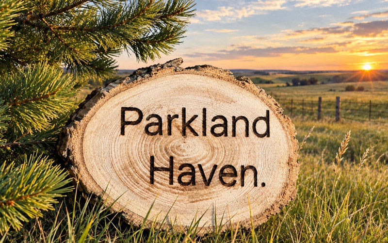 A log in a field with the sun setting in the background. The words "Parkland Haven" are carved into the log.